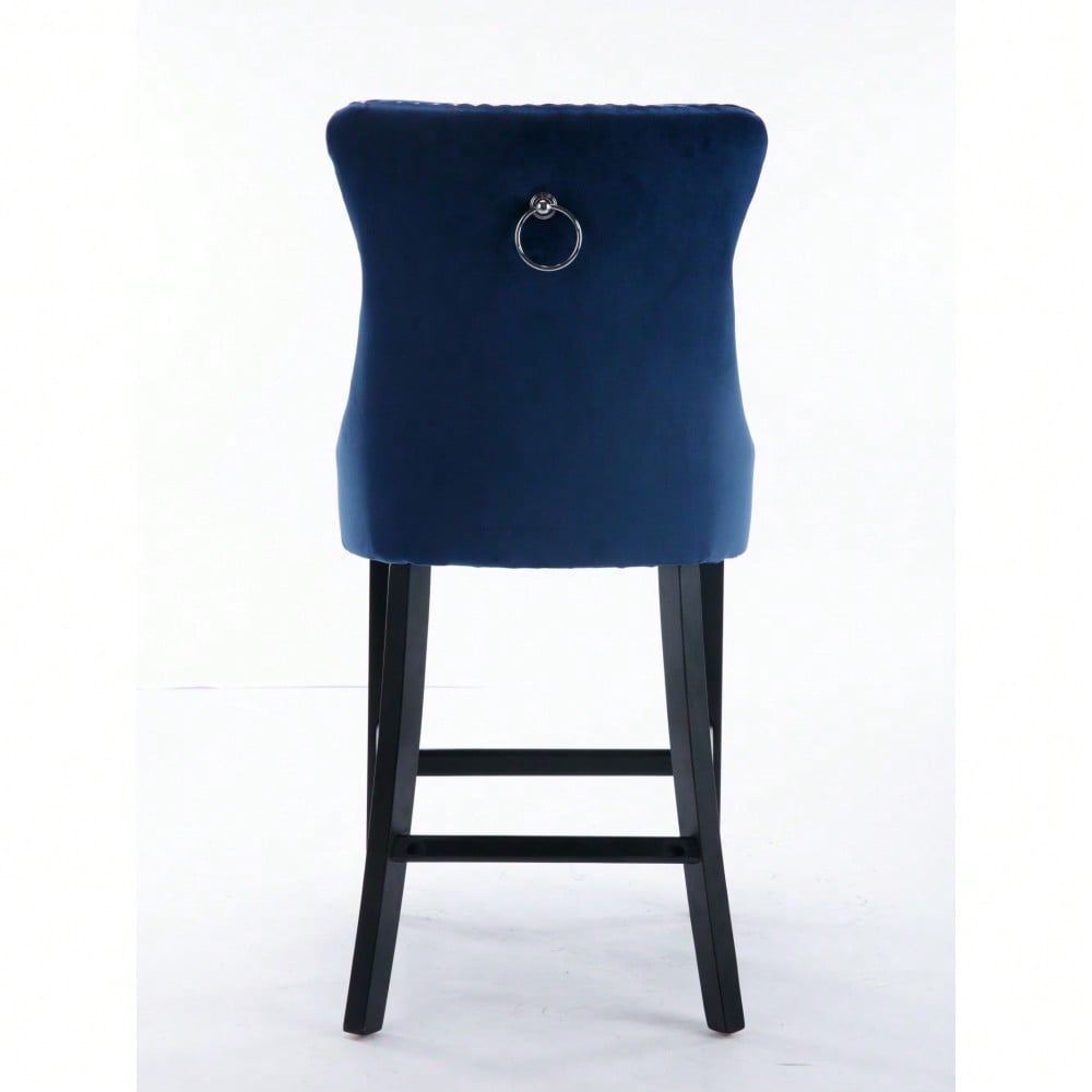 2er-Set Samt Barhocker mit Knopfsteppung & Holzbeinen | Chrom-Nagelkopfeinsätze & höhenverstellbar | Moderne Barhocker für Wohnzimmer, Küche in Blau | DE2002BL