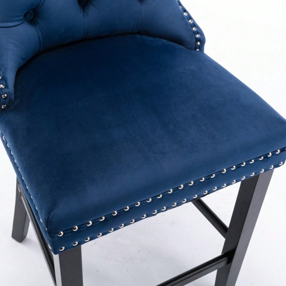 2er-Set Samt Barhocker mit Knopfsteppung & Holzbeinen | Chrom-Nagelkopfeinsätze & höhenverstellbar | Moderne Barhocker für Wohnzimmer, Küche in Blau | DE2002BL
