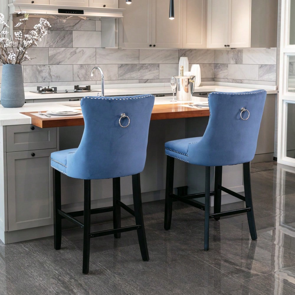 2er-Set Samt Barhocker mit Knopfsteppung & Holzbeinen | Chrom-Nagelkopfeinsätze & höhenverstellbar | Moderne Barhocker für Wohnzimmer, Küche in Blau | DE2002BL