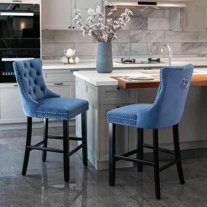 2er-Set Samt Barhocker mit Knopfsteppung & Holzbeinen | Chrom-Nagelkopfeinsätze & höhenverstellbar | Moderne Barhocker für Wohnzimmer, Küche in Blau | DE2002BL