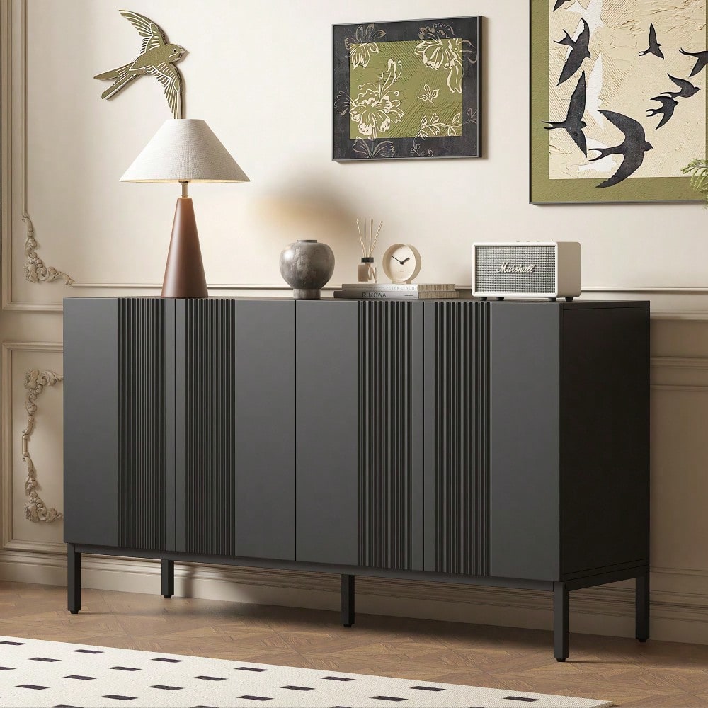 Modernes Sideboard mit 4 grifflosen Türen & eleganter Linienführung | Schrank für Esszimmer, Wohnzimmer & Küche | Schwarz