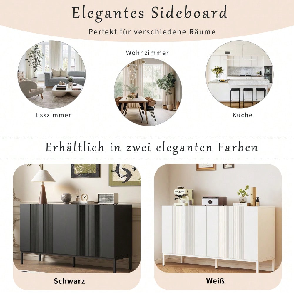 Modernes Sideboard mit 4 grifflosen Türen & eleganter Linienführung | Schrank für Esszimmer, Wohnzimmer & Küche | Schwarz