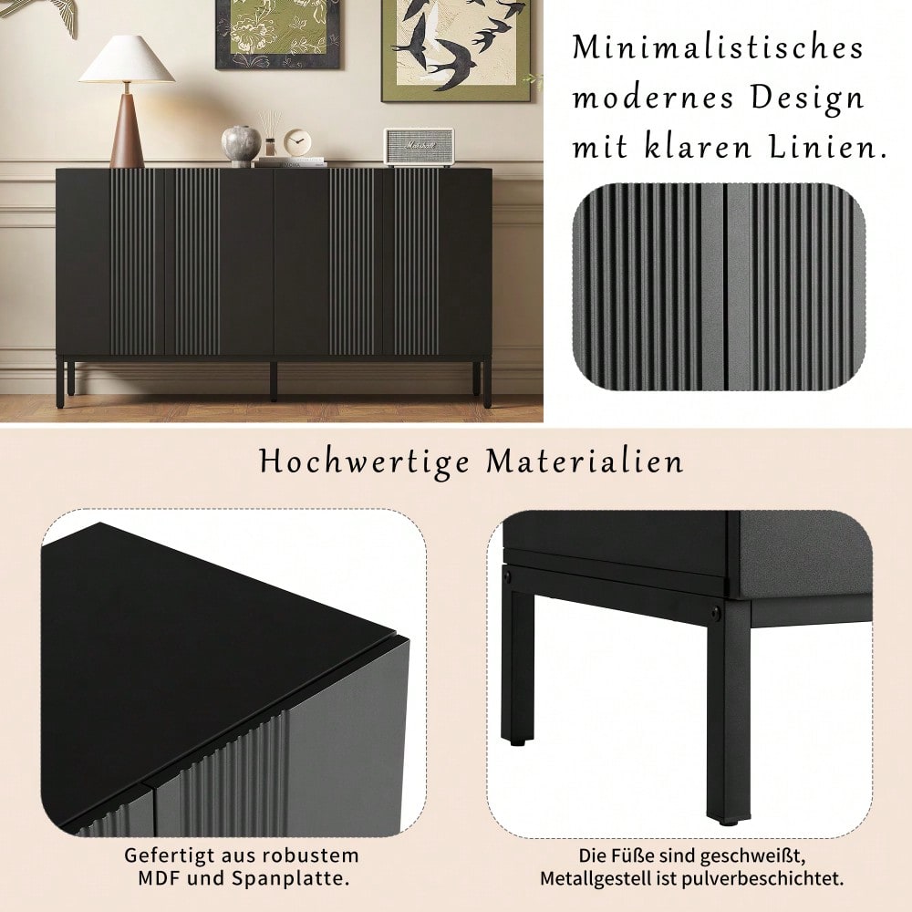 Modernes Sideboard mit 4 grifflosen Türen & eleganter Linienführung | Schrank für Esszimmer, Wohnzimmer & Küche | Schwarz