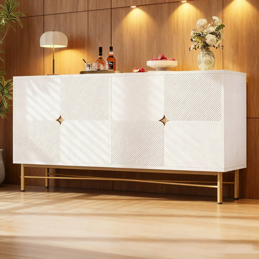 Sideboard mit edler Prägetextur & 4 Türen | 160x40x82 cm Schrank mit goldenen Griffen & Hochglanz-Beinen | Weiß