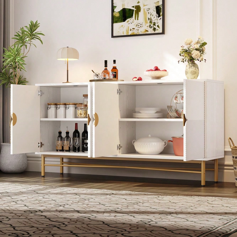 Sideboard mit edler Prägetextur & 4 Türen | 160x40x82 cm Schrank mit goldenen Griffen & Hochglanz-Beinen | Weiß