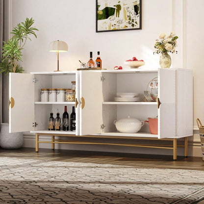Sideboard mit edler Prägetextur & 4 Türen | 160x40x82 cm Schrank mit goldenen Griffen & Hochglanz-Beinen | Weiß