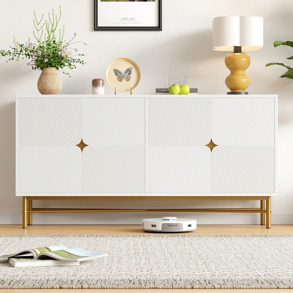 Sideboard mit edler Prägetextur & 4 Türen | 160x40x82 cm Schrank mit goldenen Griffen & Hochglanz-Beinen | Weiß