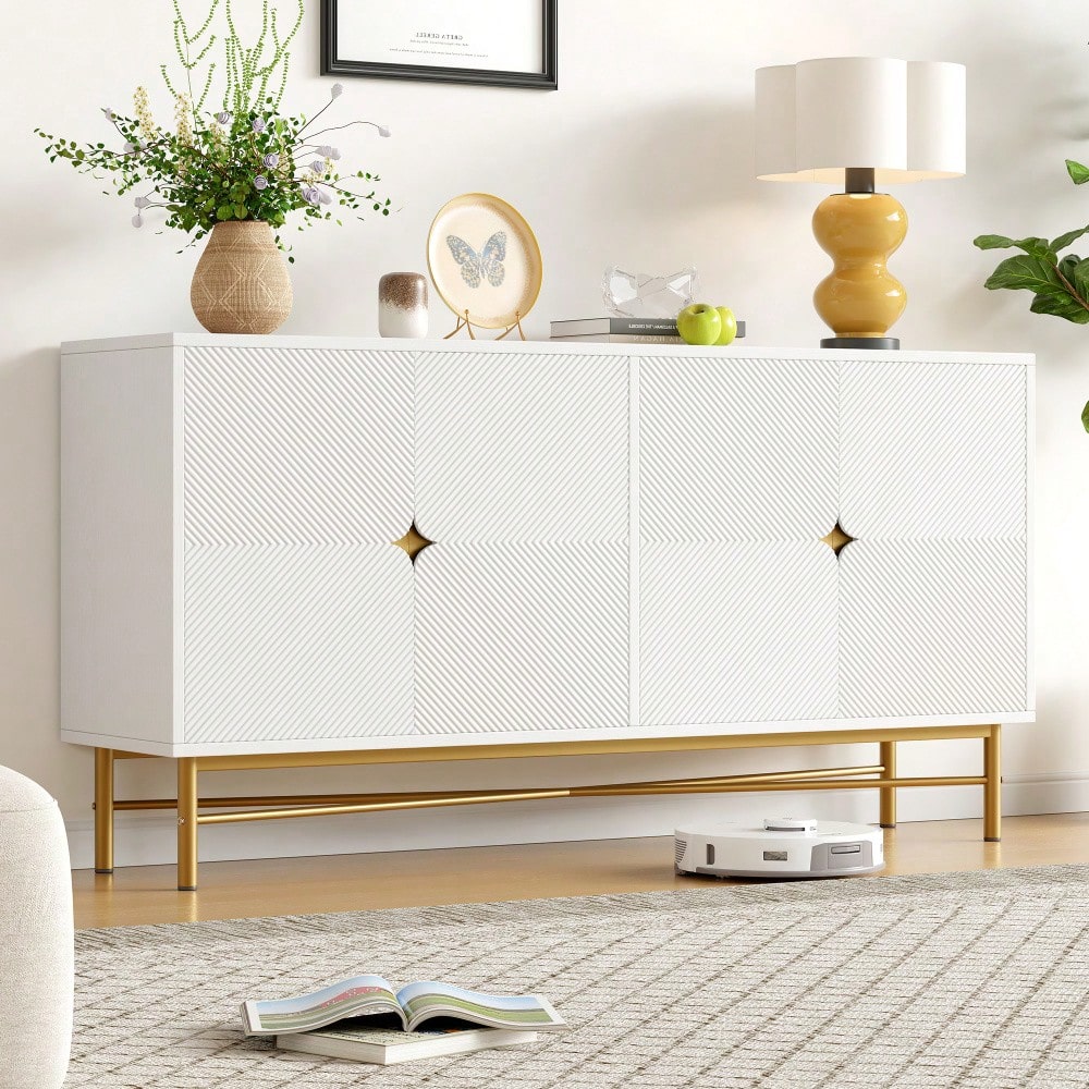 Sideboard mit edler Prägetextur & 4 Türen | 160x40x82 cm Schrank mit goldenen Griffen & Hochglanz-Beinen | Weiß
