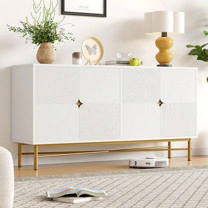 Sideboard mit edler Prägetextur & 4 Türen | 160x40x82 cm Schrank mit goldenen Griffen & Hochglanz-Beinen | Weiß