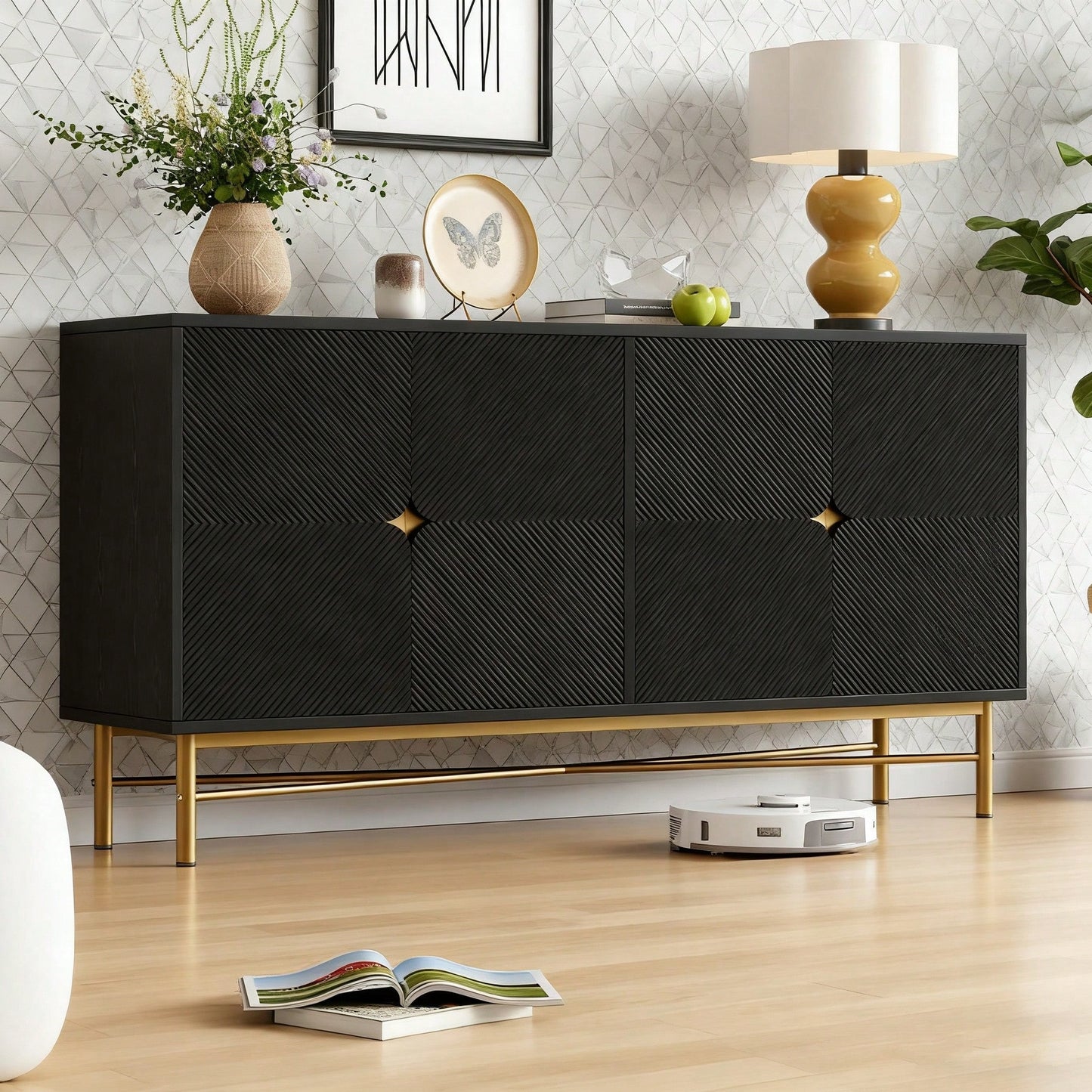 Modernes Sideboard 160x40x82 cm mit 4 Türen & Gold-Griffen | Hochglanzfüße & elegante Prägetextur | Schrank in Schwarz
