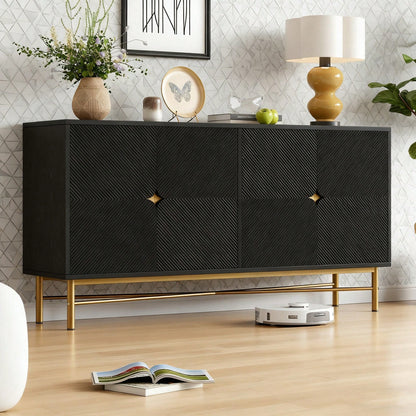 Modernes Sideboard 160x40x82 cm mit 4 Türen & Gold-Griffen | Hochglanzfüße & elegante Prägetextur | Schrank in Schwarz