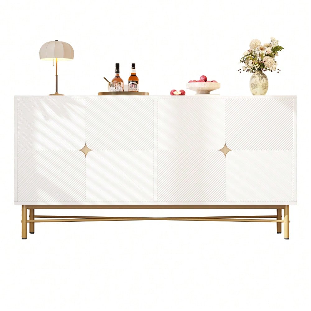 Sideboard mit edler Prägetextur & 4 Türen | 160x40x82 cm Schrank mit goldenen Griffen & Hochglanz-Beinen | Weiß