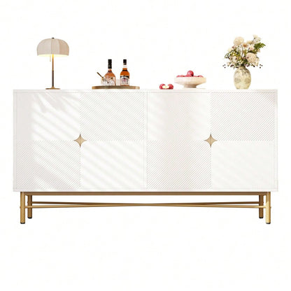 Sideboard mit edler Prägetextur & 4 Türen | 160x40x82 cm Schrank mit goldenen Griffen & Hochglanz-Beinen | Weiß