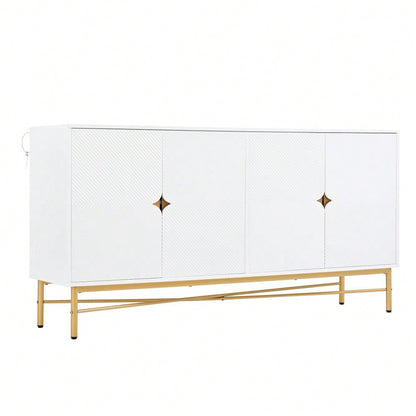 Sideboard mit edler Prägetextur & 4 Türen | 160x40x82 cm Schrank mit goldenen Griffen & Hochglanz-Beinen | Weiß