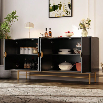 Modernes Sideboard 160x40x82 cm mit 4 Türen & Gold-Griffen | Hochglanzfüße & elegante Prägetextur | Schrank in Schwarz
