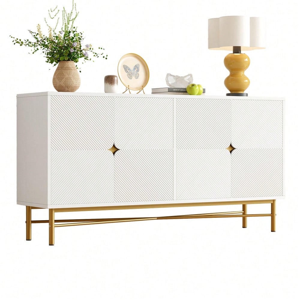 Sideboard mit edler Prägetextur & 4 Türen | 160x40x82 cm Schrank mit goldenen Griffen & Hochglanz-Beinen | Weiß