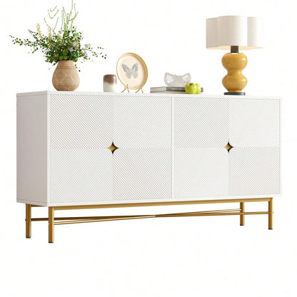 Sideboard mit edler Prägetextur & 4 Türen | 160x40x82 cm Schrank mit goldenen Griffen & Hochglanz-Beinen | Weiß