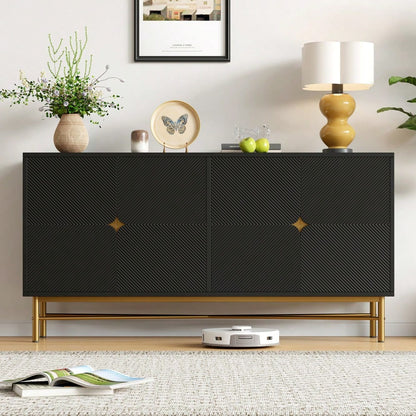 Modernes Sideboard 160x40x82 cm mit 4 Türen & Gold-Griffen | Hochglanzfüße & elegante Prägetextur | Schrank in Schwarz