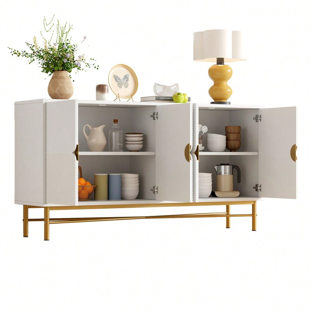 Sideboard mit edler Prägetextur & 4 Türen | 160x40x82 cm Schrank mit goldenen Griffen & Hochglanz-Beinen | Weiß