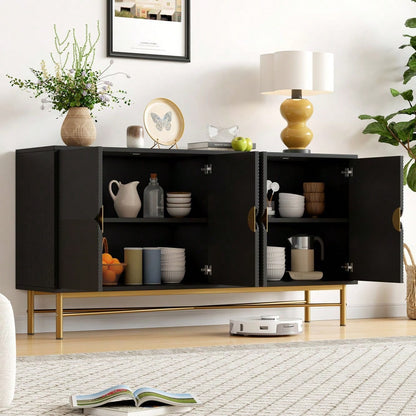 Modernes Sideboard 160x40x82 cm mit 4 Türen & Gold-Griffen | Hochglanzfüße & elegante Prägetextur | Schrank in Schwarz