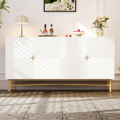 Sideboard mit edler Prägetextur & 4 Türen | 160x40x82 cm Schrank mit goldenen Griffen & Hochglanz-Beinen | Weiß