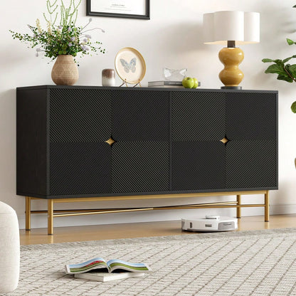 Modernes Sideboard 160x40x82 cm mit 4 Türen & Gold-Griffen | Hochglanzfüße & elegante Prägetextur | Schrank in Schwarz