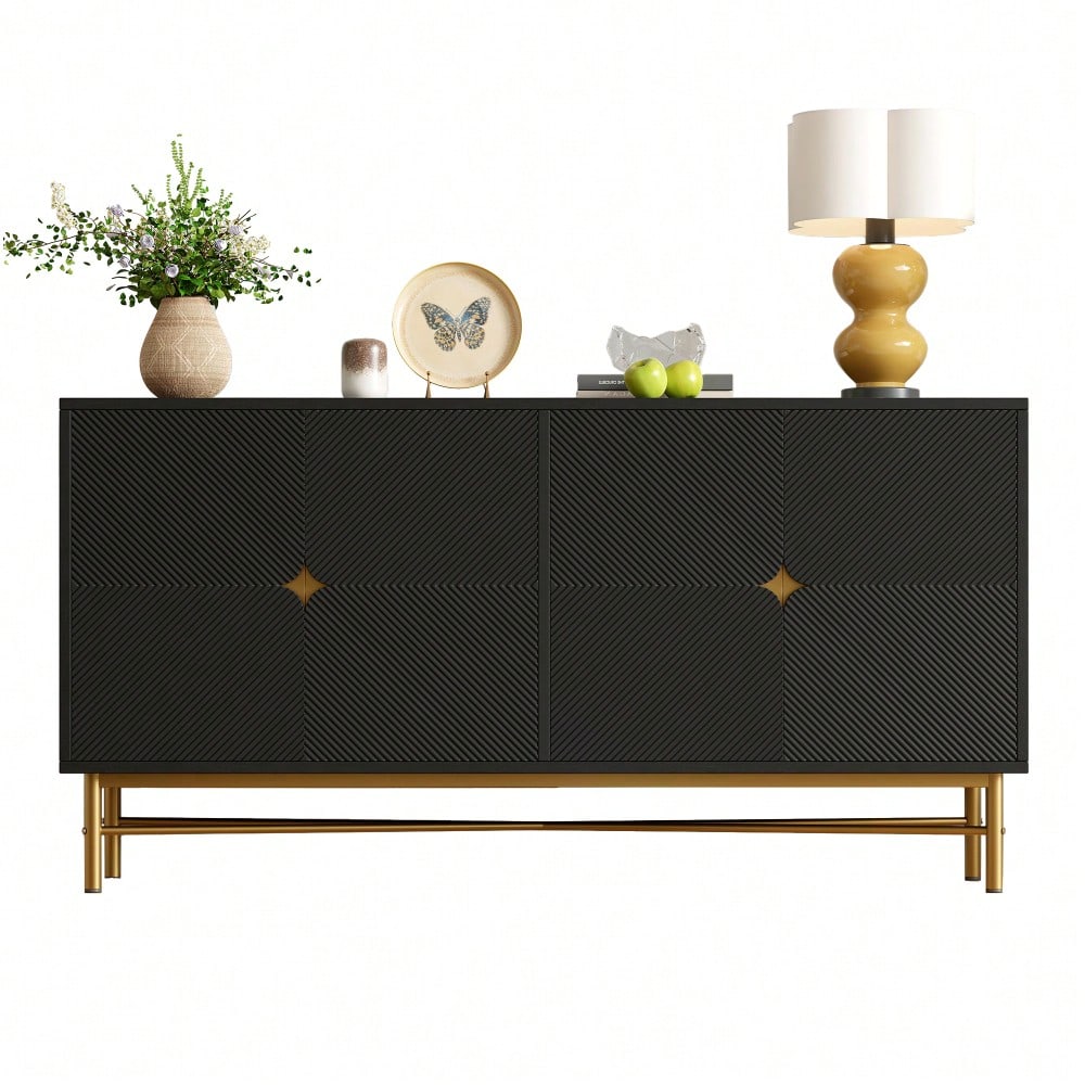 Modernes Sideboard 160x40x82 cm mit 4 Türen & Gold-Griffen | Hochglanzfüße & elegante Prägetextur | Schrank in Schwarz