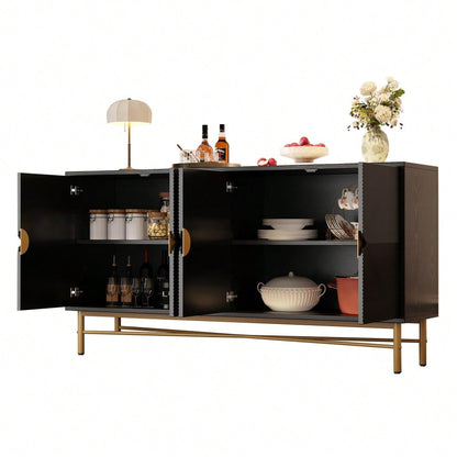 Modernes Sideboard 160x40x82 cm mit 4 Türen & Gold-Griffen | Hochglanzfüße & elegante Prägetextur | Schrank in Schwarz