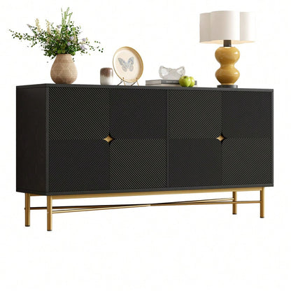 Modernes Sideboard 160x40x82 cm mit 4 Türen & Gold-Griffen | Hochglanzfüße & elegante Prägetextur | Schrank in Schwarz