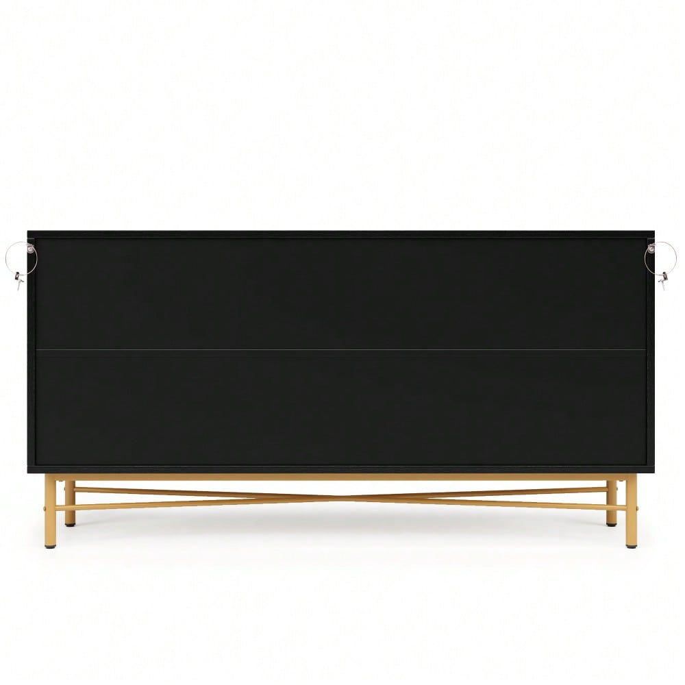 Modernes Sideboard 160x40x82 cm mit 4 Türen & Gold-Griffen | Hochglanzfüße & elegante Prägetextur | Schrank in Schwarz