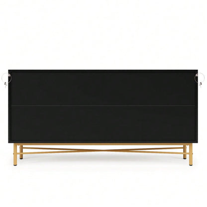 Modernes Sideboard 160x40x82 cm mit 4 Türen & Gold-Griffen | Hochglanzfüße & elegante Prägetextur | Schrank in Schwarz