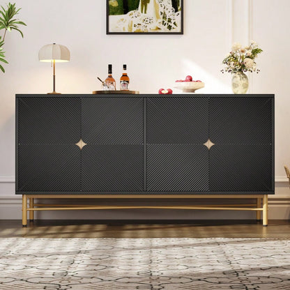Modernes Sideboard 160x40x82 cm mit 4 Türen & Gold-Griffen | Hochglanzfüße & elegante Prägetextur | Schrank in Schwarz