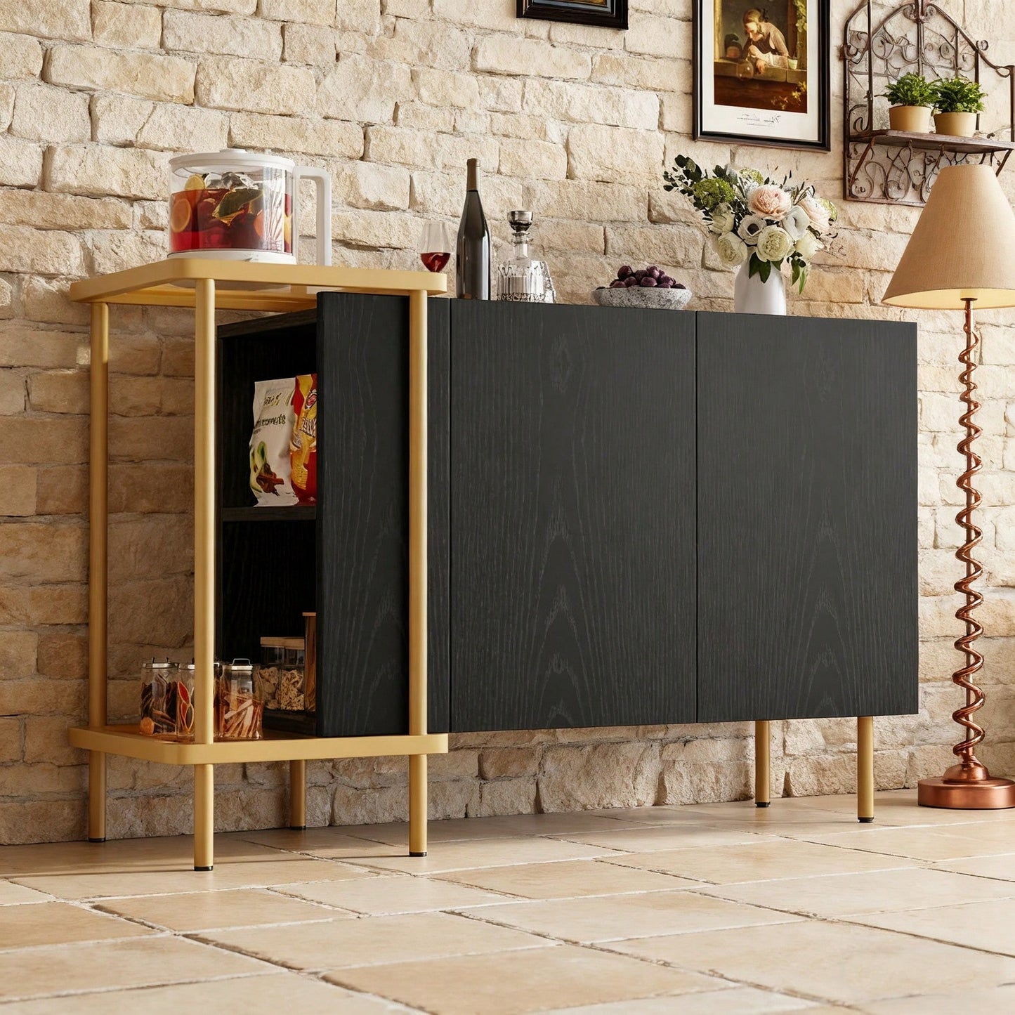 Modernes Sideboard 120x40x77 cm in Schwarz | Mit 2 Türen & 2 offenen Fächern | Inkl. Glas-Couchtisch mit Metallgestell