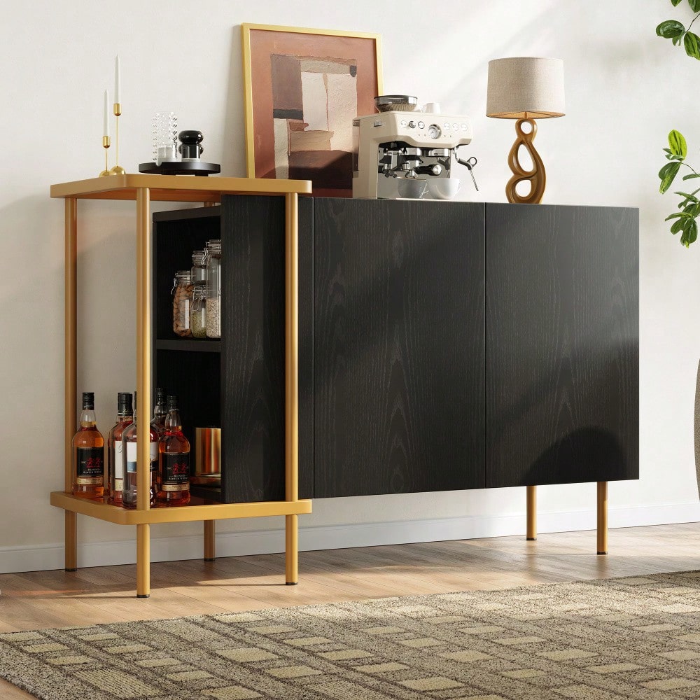 Modernes Sideboard 120x40x77 cm in Schwarz | Mit 2 Türen & 2 offenen Fächern | Inkl. Glas-Couchtisch mit Metallgestell