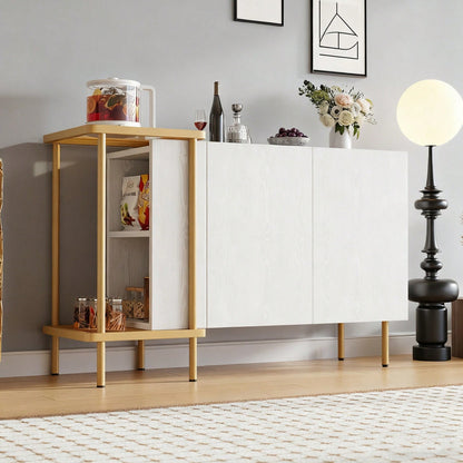 Modernes Sideboard 120x40x77 cm in Weiß | Mit 2 Türen & 2 offenen Fächern | Inkl. Glas-Couchtisch mit Metallgestell