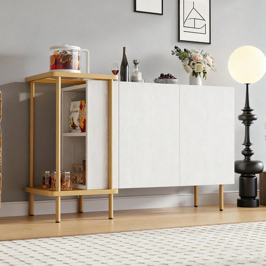 Modernes Sideboard 120x40x77 cm in Weiß | Mit 2 Türen & 2 offenen Fächern | Inkl. Glas-Couchtisch mit Metallgestell