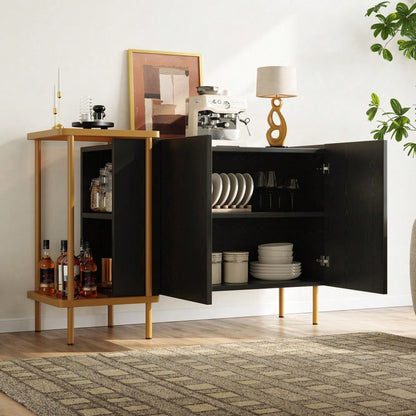 Modernes Sideboard 120x40x77 cm in Schwarz | Mit 2 Türen & 2 offenen Fächern | Inkl. Glas-Couchtisch mit Metallgestell