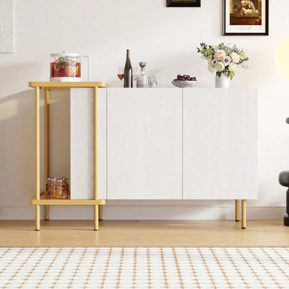 Modernes Sideboard 120x40x77 cm in Weiß | Mit 2 Türen & 2 offenen Fächern | Inkl. Glas-Couchtisch mit Metallgestell