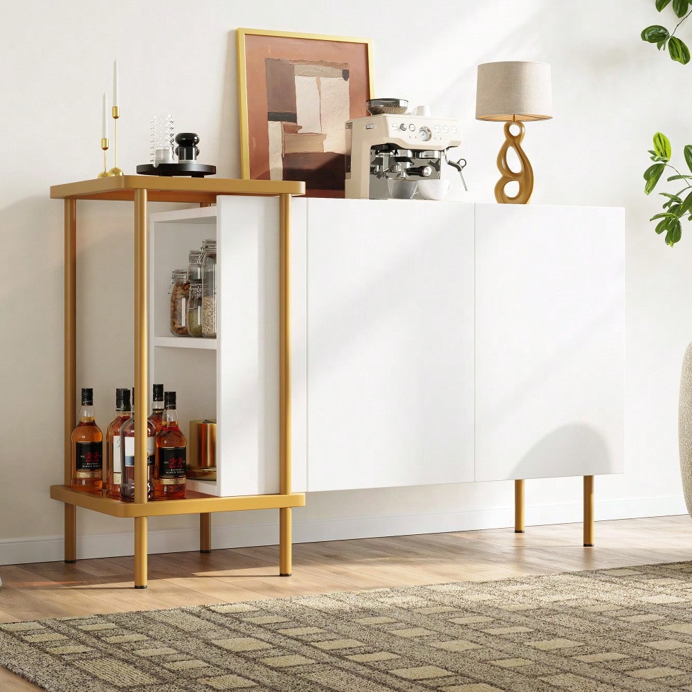 Modernes Sideboard 120x40x77 cm in Weiß | Mit 2 Türen & 2 offenen Fächern | Inkl. Glas-Couchtisch mit Metallgestell
