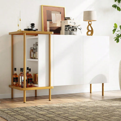 Modernes Sideboard 120x40x77 cm in Weiß | Mit 2 Türen & 2 offenen Fächern | Inkl. Glas-Couchtisch mit Metallgestell