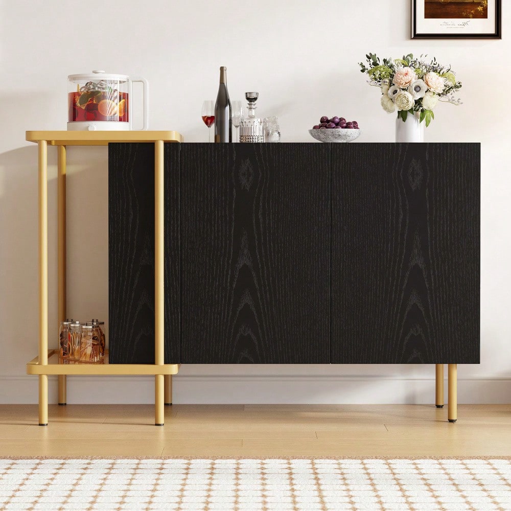 Modernes Sideboard 120x40x77 cm in Schwarz | Mit 2 Türen & 2 offenen Fächern | Inkl. Glas-Couchtisch mit Metallgestell