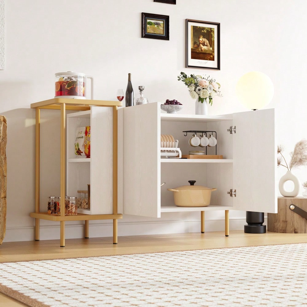 Modernes Sideboard 120x40x77 cm in Weiß | Mit 2 Türen & 2 offenen Fächern | Inkl. Glas-Couchtisch mit Metallgestell