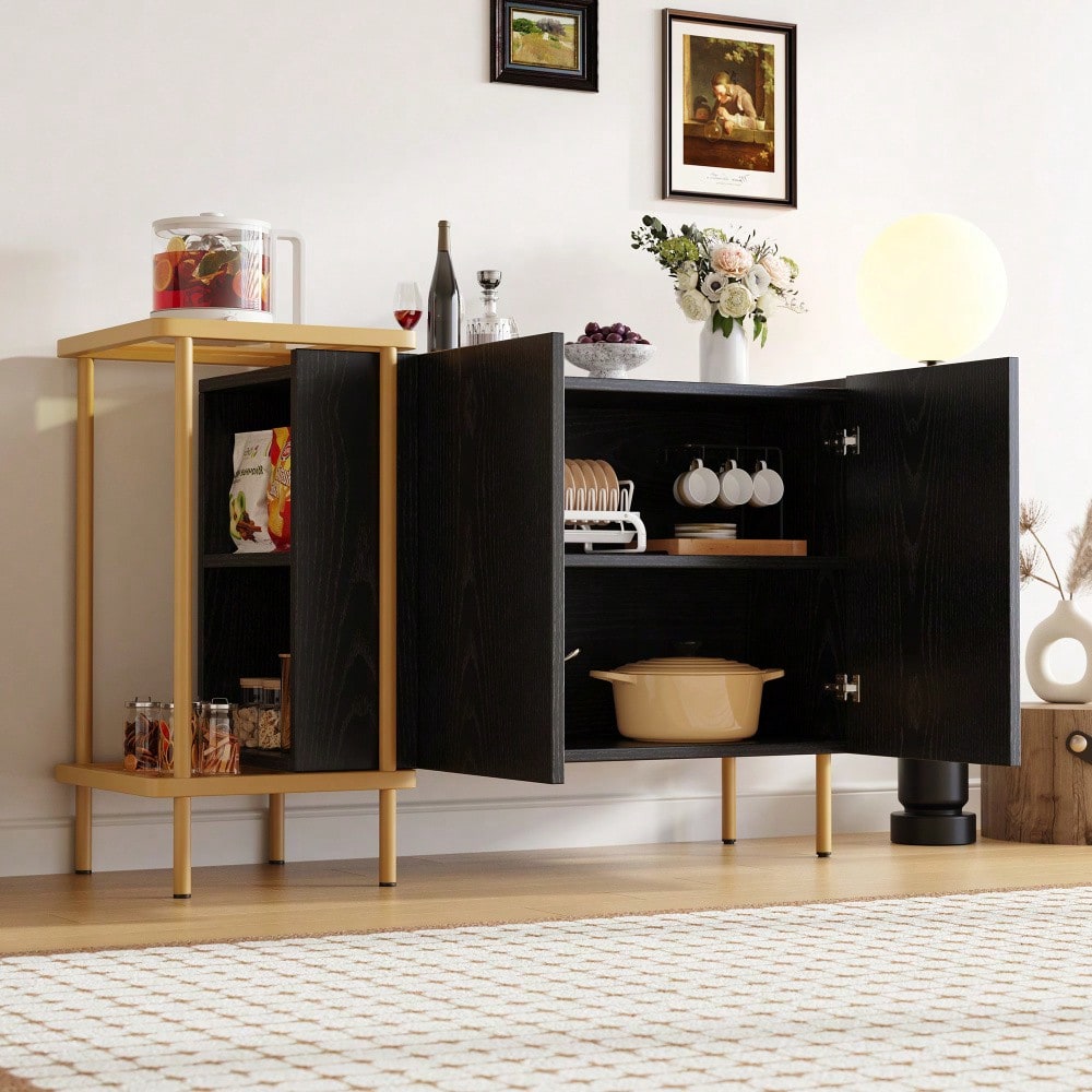 Modernes Sideboard 120x40x77 cm in Schwarz | Mit 2 Türen & 2 offenen Fächern | Inkl. Glas-Couchtisch mit Metallgestell