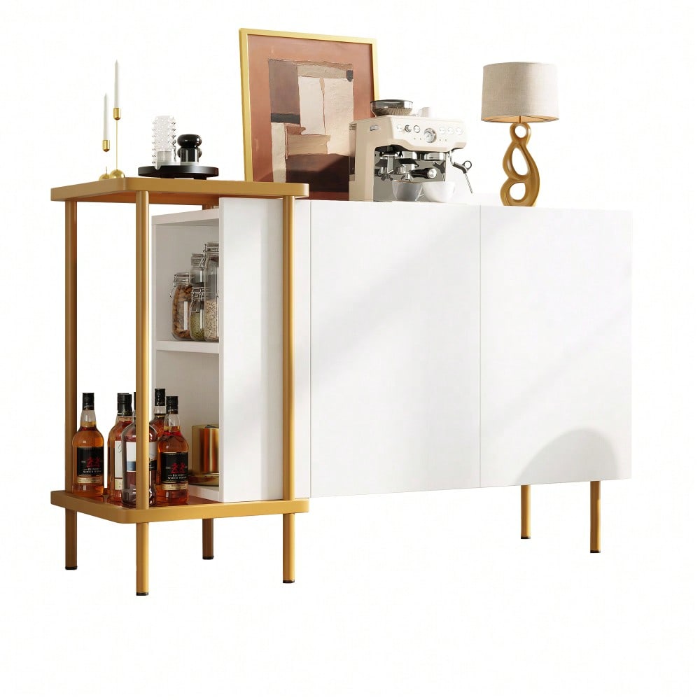 Modernes Sideboard 120x40x77 cm in Weiß | Mit 2 Türen & 2 offenen Fächern | Inkl. Glas-Couchtisch mit Metallgestell