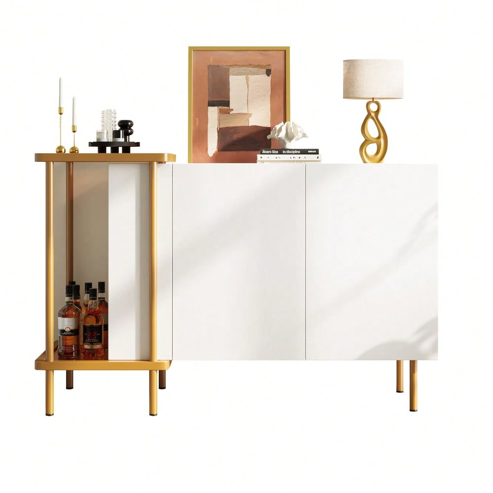 Modernes Sideboard 120x40x77 cm in Weiß | Mit 2 Türen & 2 offenen Fächern | Inkl. Glas-Couchtisch mit Metallgestell