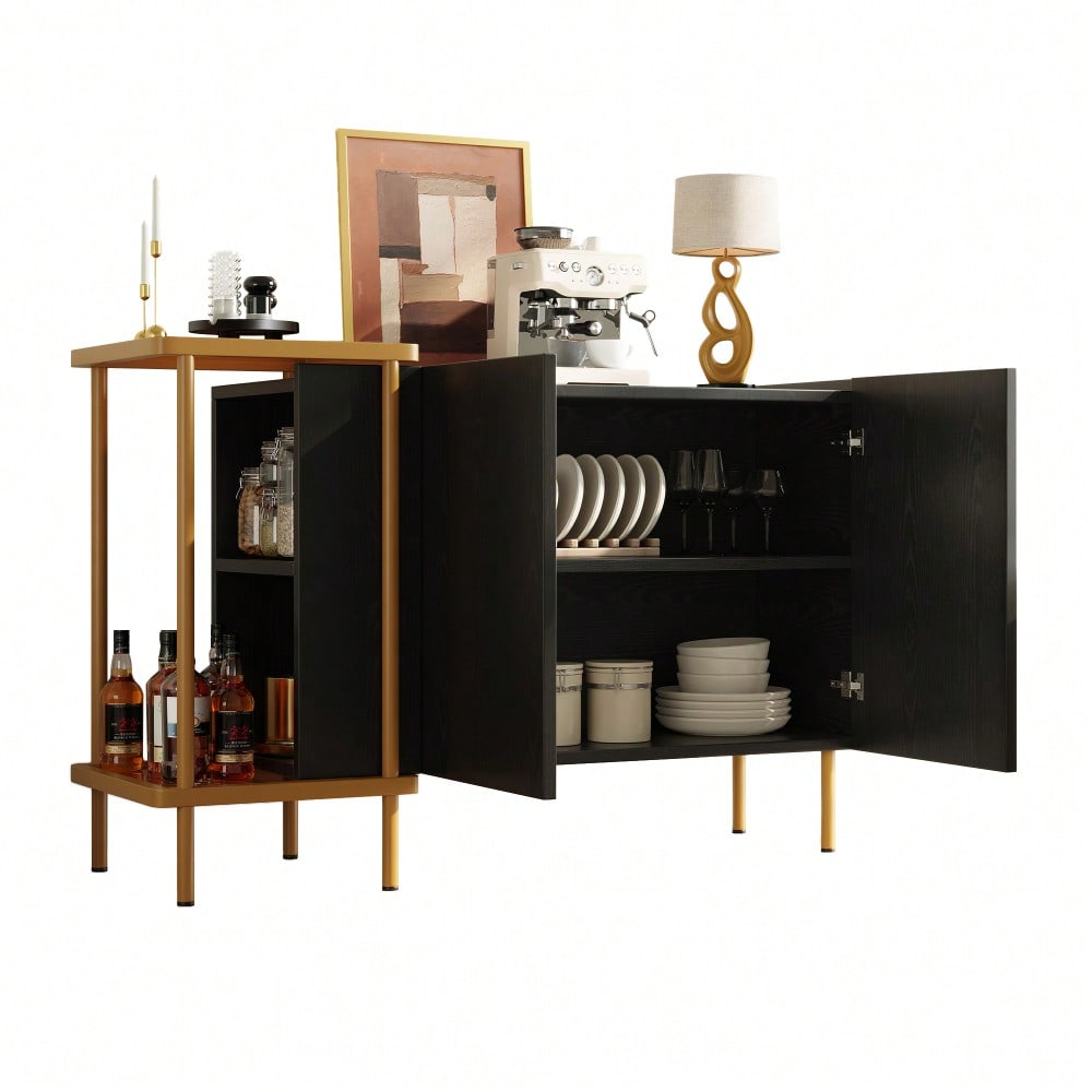Modernes Sideboard 120x40x77 cm in Schwarz | Mit 2 Türen & 2 offenen Fächern | Inkl. Glas-Couchtisch mit Metallgestell