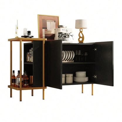 Modernes Sideboard 120x40x77 cm in Schwarz | Mit 2 Türen & 2 offenen Fächern | Inkl. Glas-Couchtisch mit Metallgestell