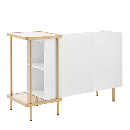 Modernes Sideboard 120x40x77 cm in Weiß | Mit 2 Türen & 2 offenen Fächern | Inkl. Glas-Couchtisch mit Metallgestell