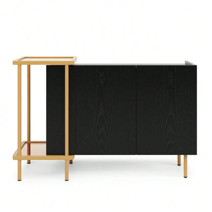 Modernes Sideboard 120x40x77 cm in Schwarz | Mit 2 Türen & 2 offenen Fächern | Inkl. Glas-Couchtisch mit Metallgestell