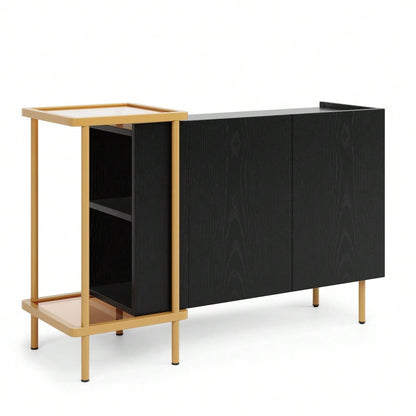 Modernes Sideboard 120x40x77 cm in Schwarz | Mit 2 Türen & 2 offenen Fächern | Inkl. Glas-Couchtisch mit Metallgestell